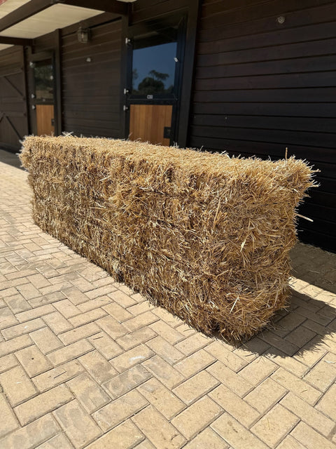 Big bale of Portuguese straw, roughly 300 kg, standing outside a stable block