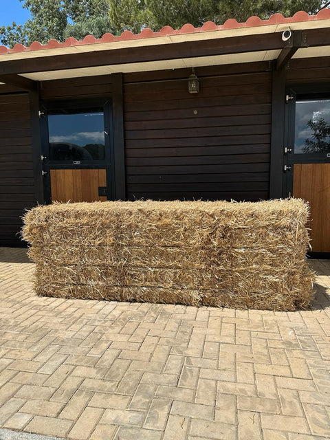 Big bale of Portuguese straw seen head-on in front of the stables